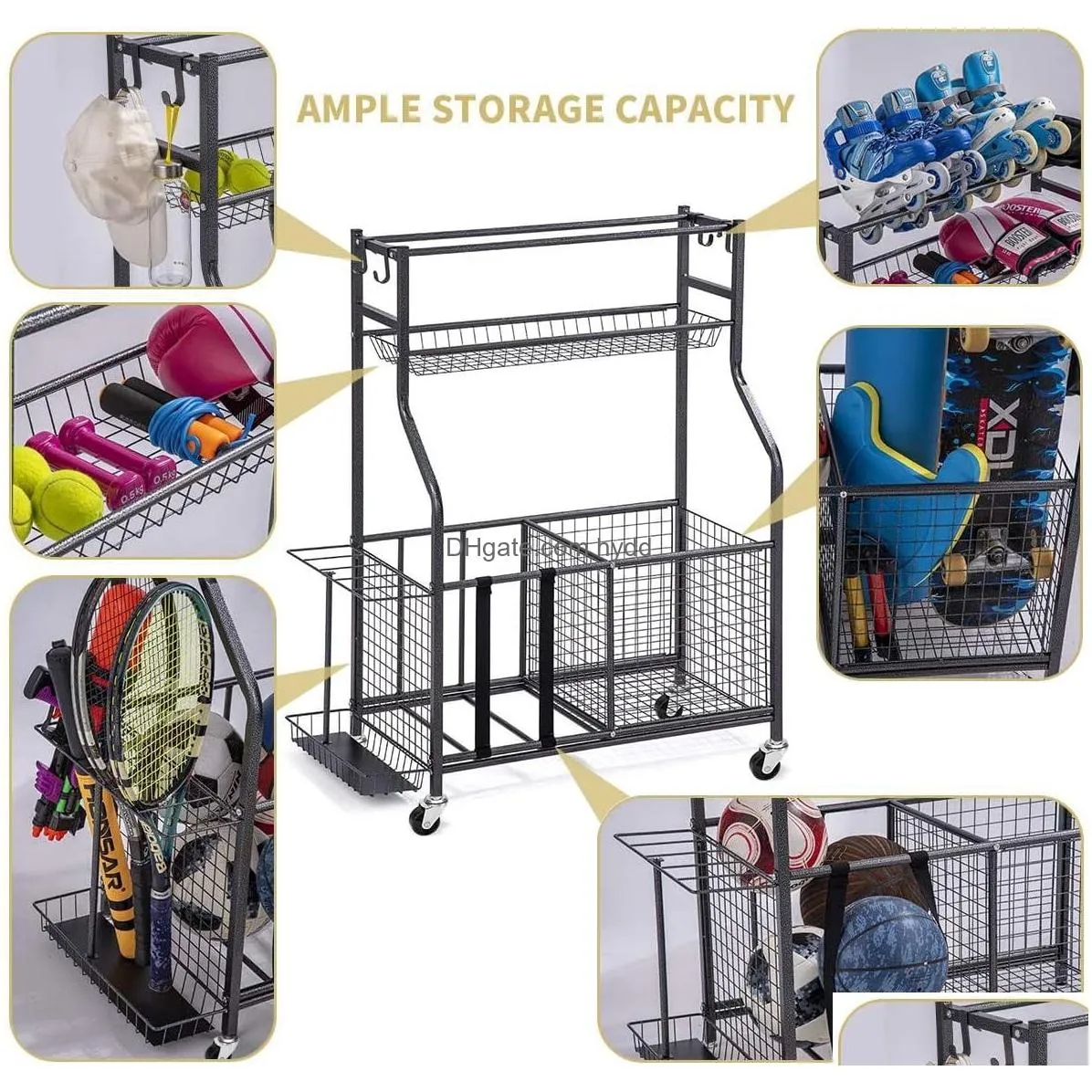 garage sports equipment storage organizer with baskets and hooks - easy to assemble - sports ball gear rack holds basketballs baseball