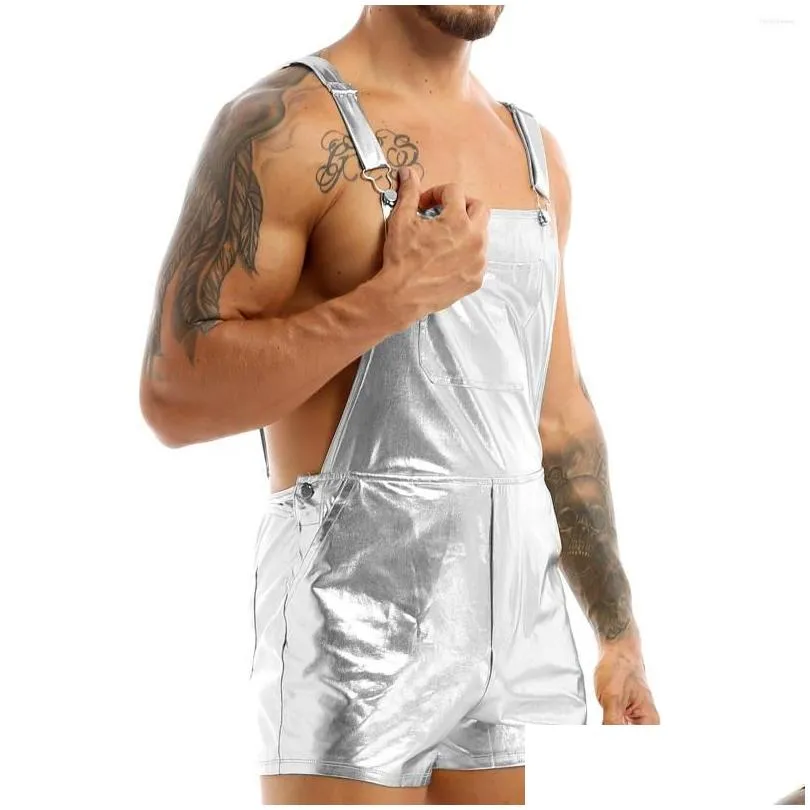 Men`S Shorts Mens Shiny Metallic Bib Overall Suspender Shorts Adjustable Wide Shoder Straps Fancy Dress Festival Prom Clubwear Costum Dhvr0