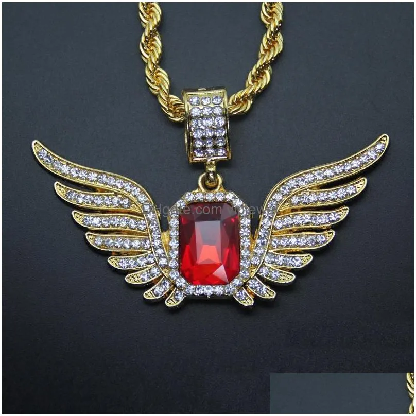 hip hop angel wings with big red stone pendant necklace 76cm rope chain rhinestone inlaid wing necklack men women iced out jewelry