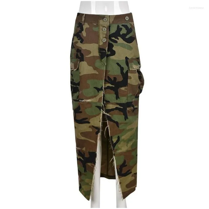 Skirts Print Camouflage Y High Waist Skirts Skinny Streetwear Pocket Split Camo Maxi Skirt Women Bodycon Autumn Winter Drop Delivery Dhjkw