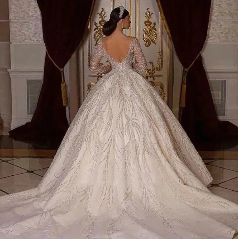 Full Bling Sequins Ball Gown Wedding Dress Sheer Jewel Neck Long Sleeve Bridal GownsYD