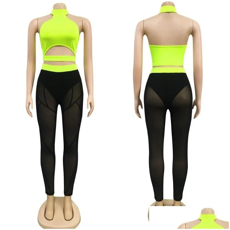 Women`S Tracksuits Y Two Piece Set Women Clothing Sets Rave Festival Party Club Outfits For Halter Crop Tops And Mesh Sheer Leggings Dhtua