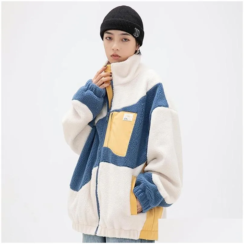 Men`S Jackets Harajuku Color Block Zipper Lambswool Jacket Men Women Winter Sherpa Fleece Cotton Padded Coat Streetwear Outwear Drop D Dhlmc