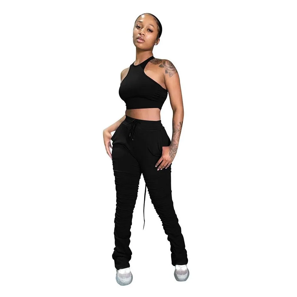 Women`S Tracksuits Female Ladies Tracksuits Joggers Sleeveless 2 Piece Stacked Legging Set With Crop Top Drop Delivery Apparel Women` Dhg4T