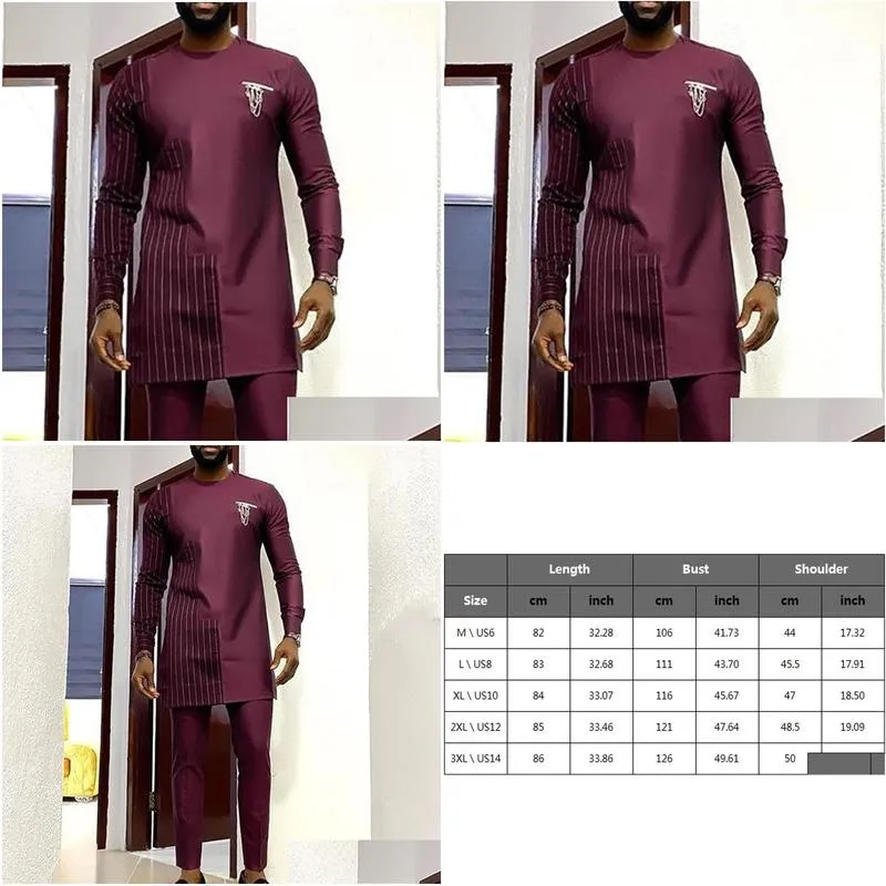 Men`S Casual Shirts African Men Dress Shirt Mid Length Round Neck Long Sleeve Tops Male Spring Traditional Plus Size Slim Dashiki Blo Dhury