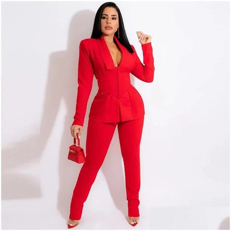 Women`S Two Piece Pants Womens Two Piece Pants Elegant Office Lady 2 Sets Outfits Corset Blazer Coat And Pencil Business Suit Work We Dh5Bl