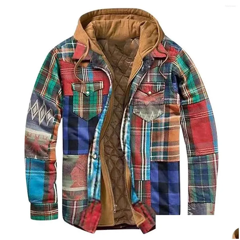 Men`S Jackets Quilted Lined Button Down Jackets Plaid Flannel With Hood Winter Fleece Casual Check Blouse Thick Warm Tops Drop Deliver Dhklp