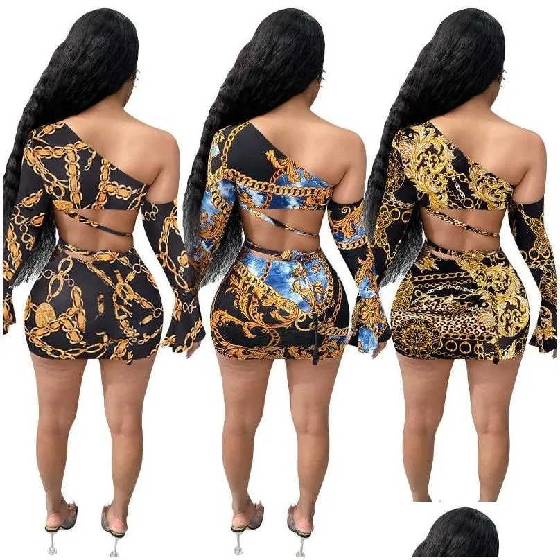 Women`S Tracksuits Cutubly Cut Out Women Set Outfit Autumn Winter Leopard Chain Print 2 Pieces One Shoder Top Leggings Pant Fashion T Dhbxe
