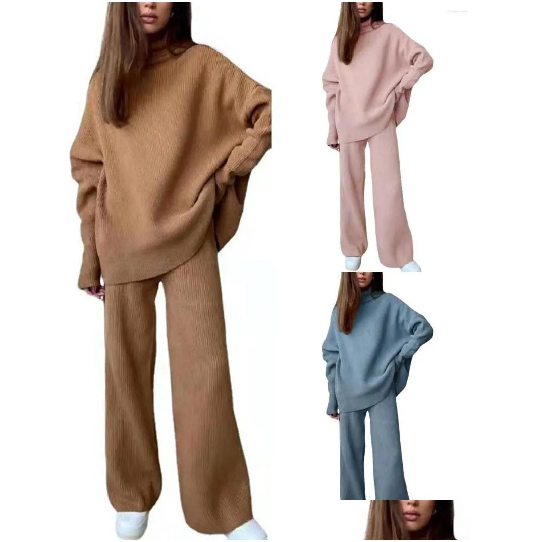 Women`S Two Piece Pants Womens Two Piece Pants Vintage Women Turtleneck Knitted Set Autumn Winter Long Sleeve Plover Top Wide Leg Out Dhsa0