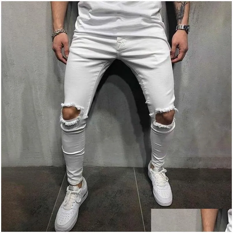 Men`S Pants Fashion Mens Hole Casual Pencil Pants Men Dstring Jogger Solid Leisure Male Sweatpants Drop Delivery Apparel Men`S Clothi Dhi4J