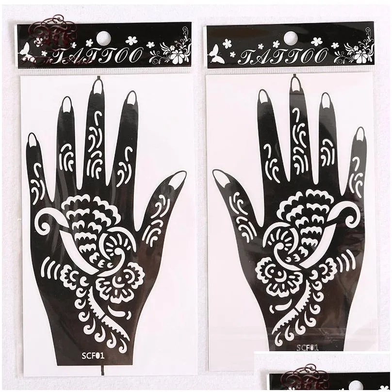 Airbrush Tattoo Supplies Wholesale-10 Pair 20Pcs Henna Hand Tattoo Stencil Flower Glitter Airbrush Mehndi Stencils Templates For Body Dhnul