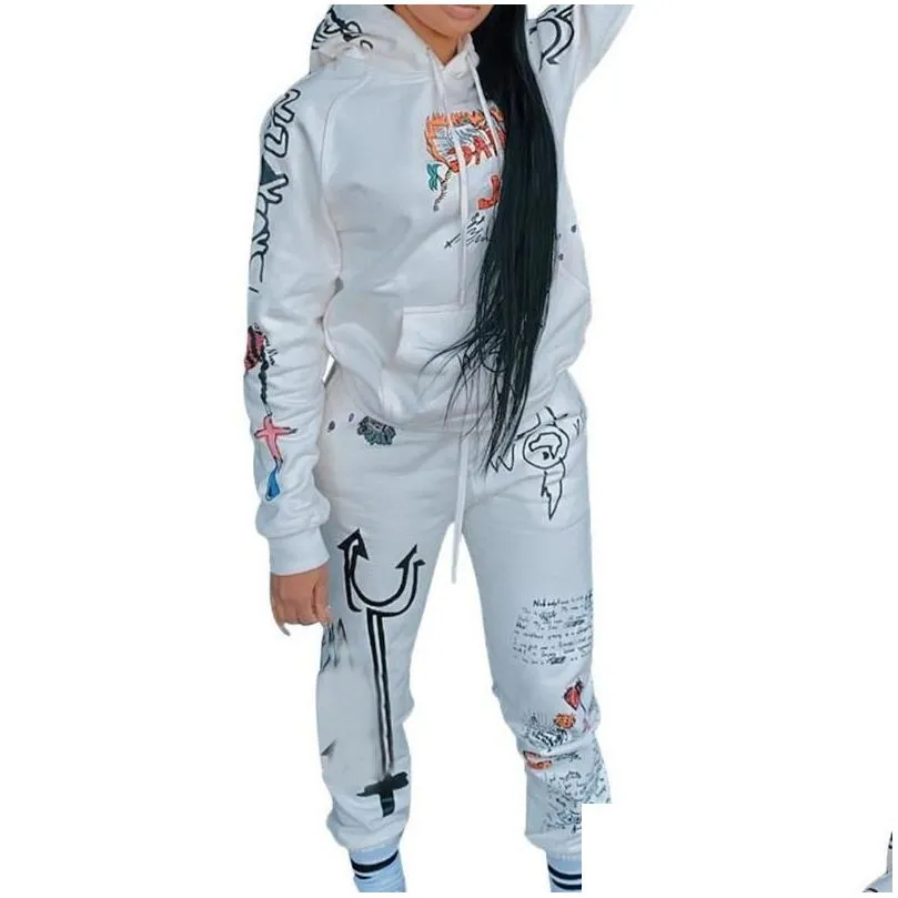 Women`S Tracksuits Print Iti Streetwear Two 2 Piece Set Tracksuits Female White Black Hoodies Pants Women Matching Outfits Sweatsuit Dhphk