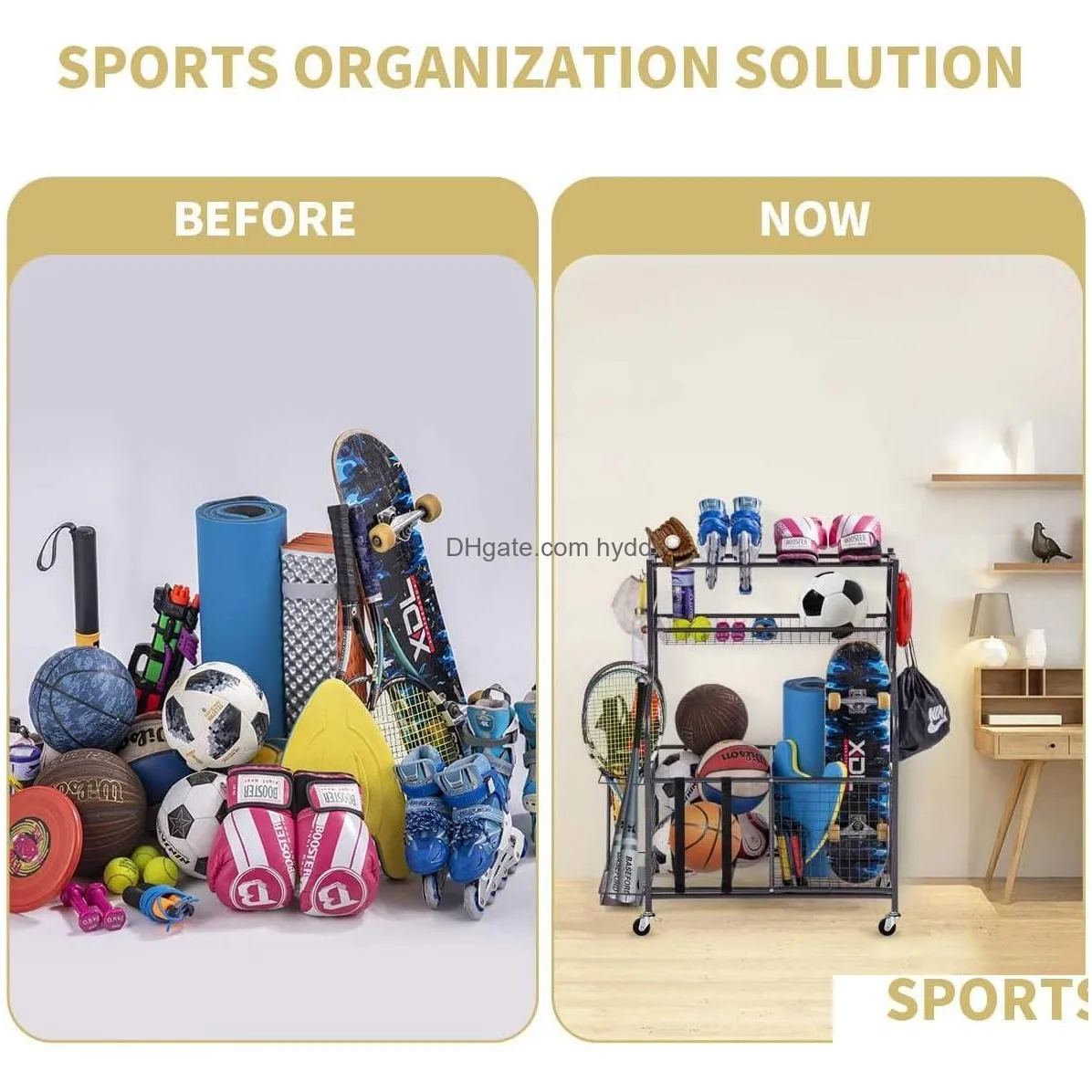 garage sports equipment storage organizer with baskets and hooks - easy to assemble - sports ball gear rack holds basketballs baseball