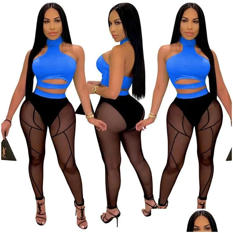 Women`S Tracksuits Y Two Piece Set Women Clothing Sets Rave Festival Party Club Outfits For Halter Crop Tops And Mesh Sheer Leggings Dhtua