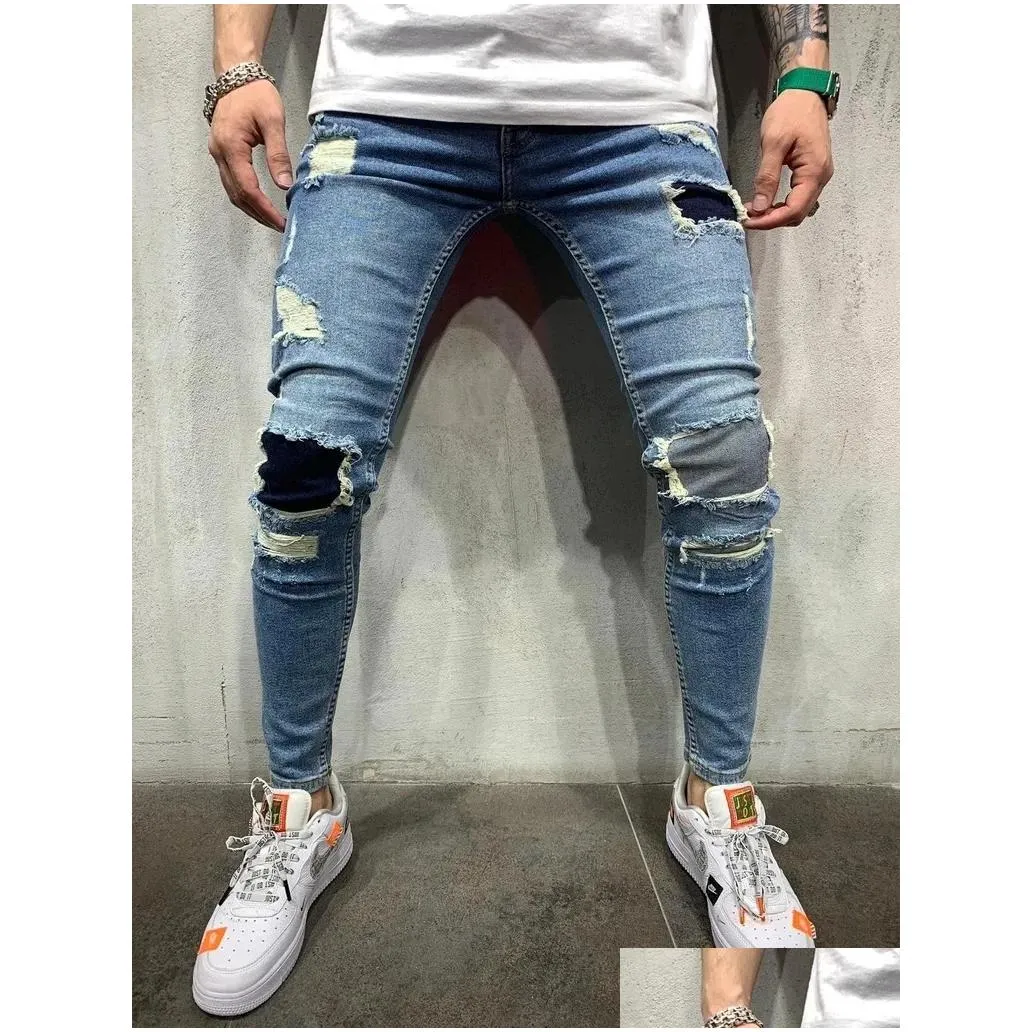 Men`S Jeans Fashion Mens Jeans Hole Ripped Zipper High Waist Stretch Skinny Denim Trousers Casual Pencil Drop Delivery Apparel Men`S Dh7Uh