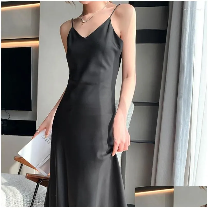 Basic & Casual Dresses Womens Silk V-Neck Long Satin Suspended Dress Summer Black Y Evening Pajama Drop Delivery Apparel Women`S Clot Dhior