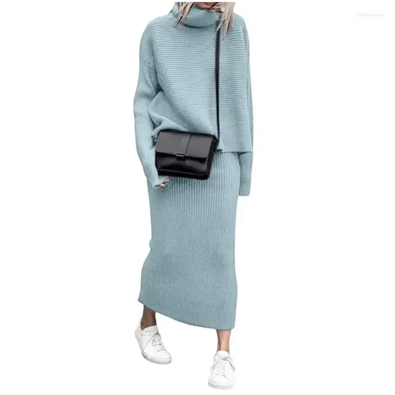 Two Piece Dress Fashion Women Slim Sweater Skirt Pieces Set Loose High Collar Casual Autumn Femme Knitted Blouse Suit Plover Drop Del Dhora