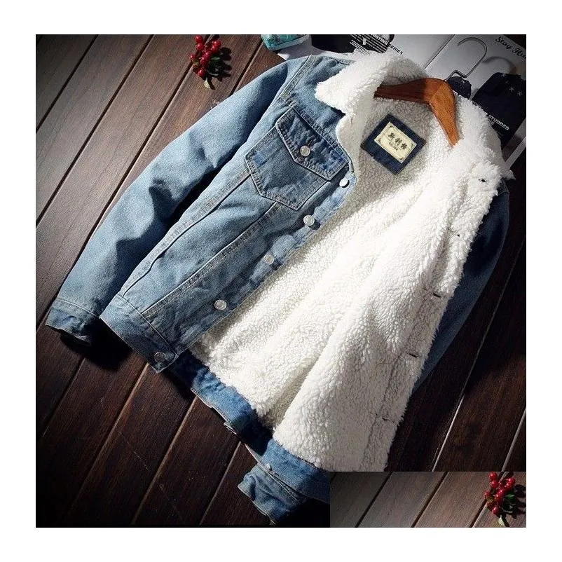 Men`S Jackets Fur Collar Denim Jacket Men Winter Warm Fleece Jean Jackets Male Casual Copy Sherpa Mens Coats Outwear  Bomber Clo Dhqwk