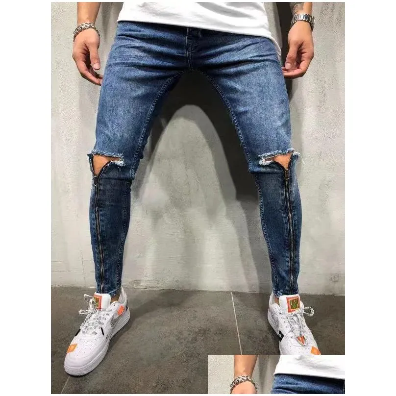 Men`S Jeans Fashion Mens Jeans Hole Ripped Zipper High Waist Stretch Skinny Denim Trousers Casual Pencil Drop Delivery Apparel Men`S Dh7Uh