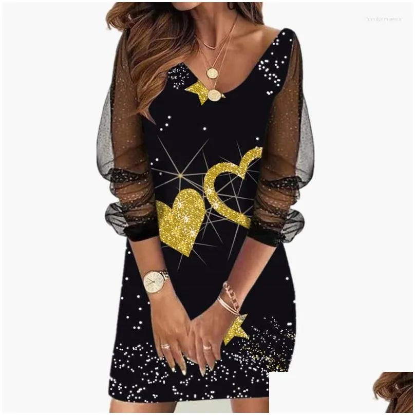 Basic & Casual Dresses Spring Gold Dress Womens Sequin See-Through Mesh Plus Size Clothing For Drop Delivery Apparel Women`S Clothing Dhspk
