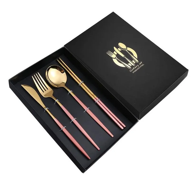 Flatware Sets Fashion Stainless Steel Golden Cutlery Flatware Sets Black Luxury Dinnerware Kitchen Mirror Polishing Fork Spoons Knives Dhglz