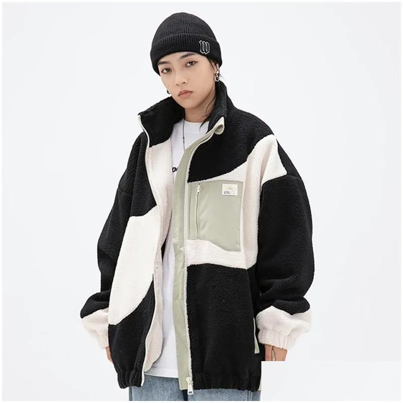 Men`S Jackets Harajuku Color Block Zipper Lambswool Jacket Men Women Winter Sherpa Fleece Cotton Padded Coat Streetwear Outwear Drop D Dhlmc