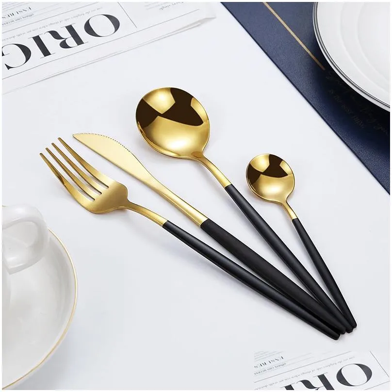 Flatware Sets Fashion Stainless Steel Golden Cutlery Flatware Sets Black Luxury Dinnerware Kitchen Mirror Polishing Fork Spoons Knives Dhglz