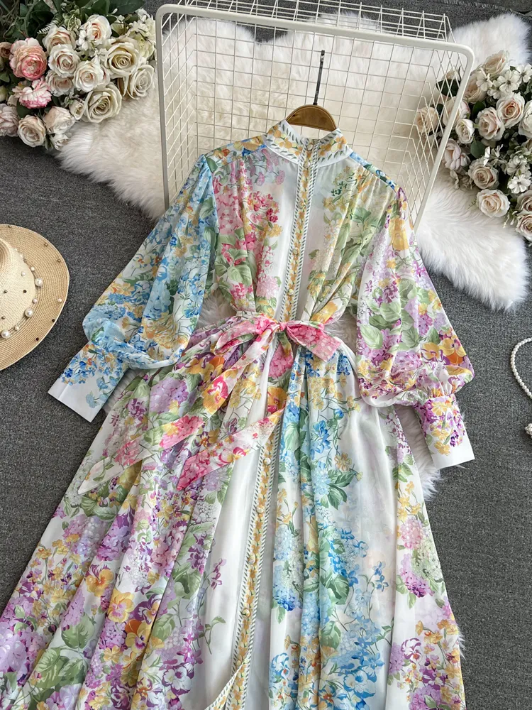 Casual Dresses 2024 Fashion Bohemain Flower Maxi Dress Women's Stand Long Lantern Sleeve Single Breasted Floral Print Lace Up Loose Boho Robe