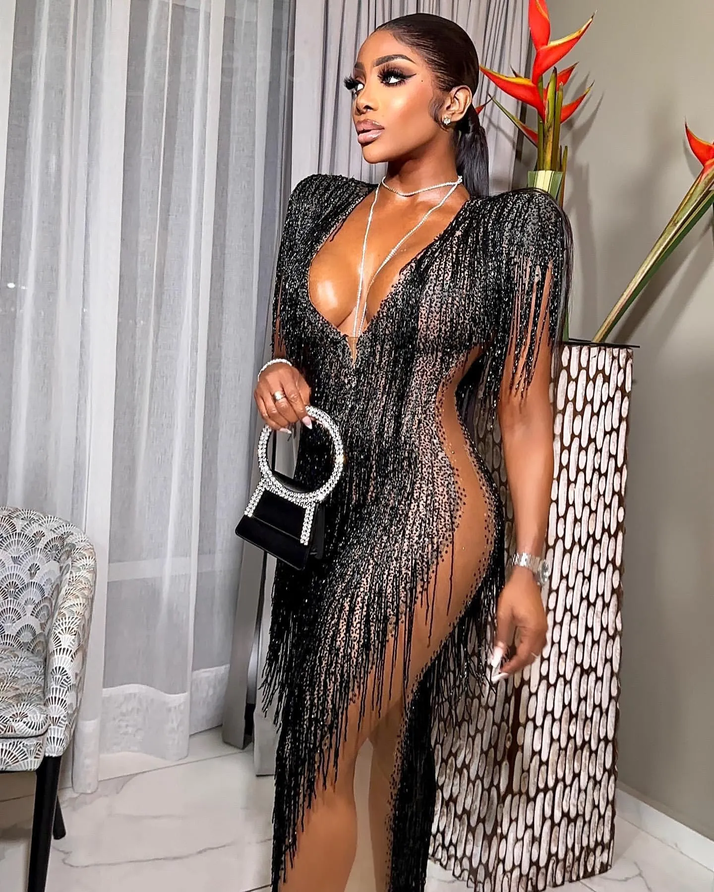 2024 Aso Ebi Black Sheath Prom Dress Deep V-neck See Through Evening Formal Party Second Reception 50th Birthday Engagement Gowns Dresses Robe De Soiree ZJ148