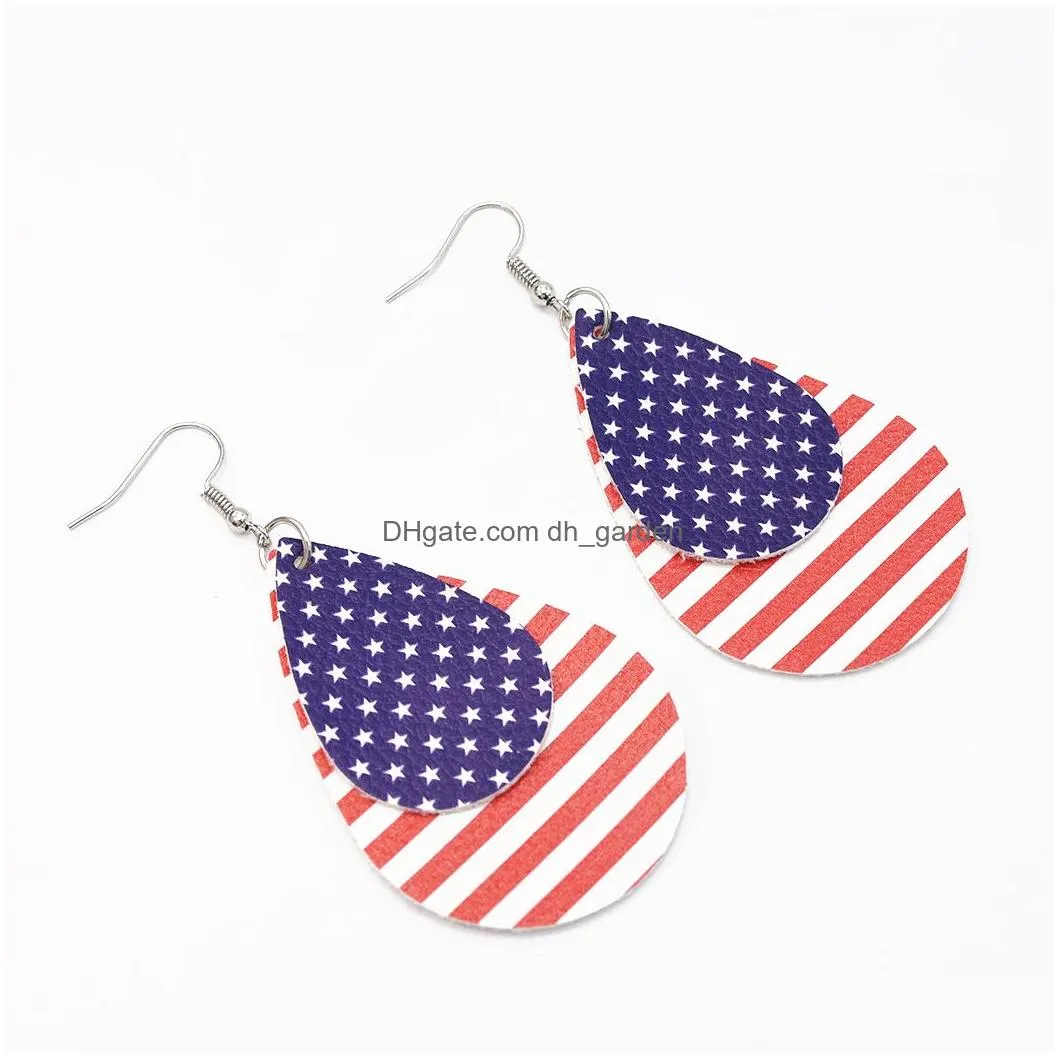 Fashion PU Leather Water Drop Earrings Creative American Flag Multilayer Geometric Earrings