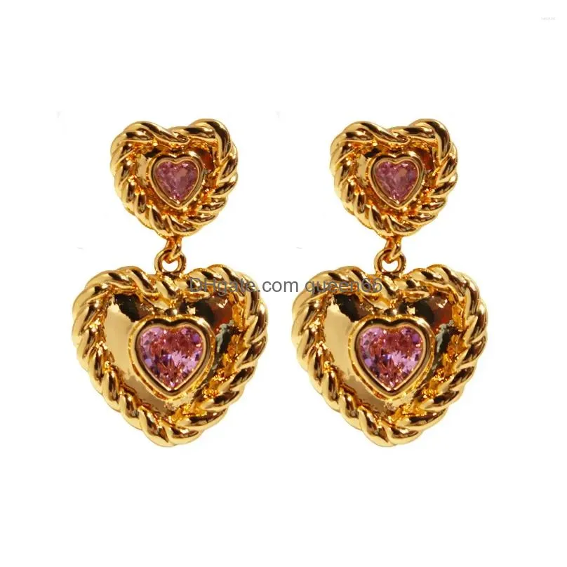 Stud Earrings Brass Twisted Pink Zircon Double Heart Shape Dangle For Drop Delivery Dhtlr