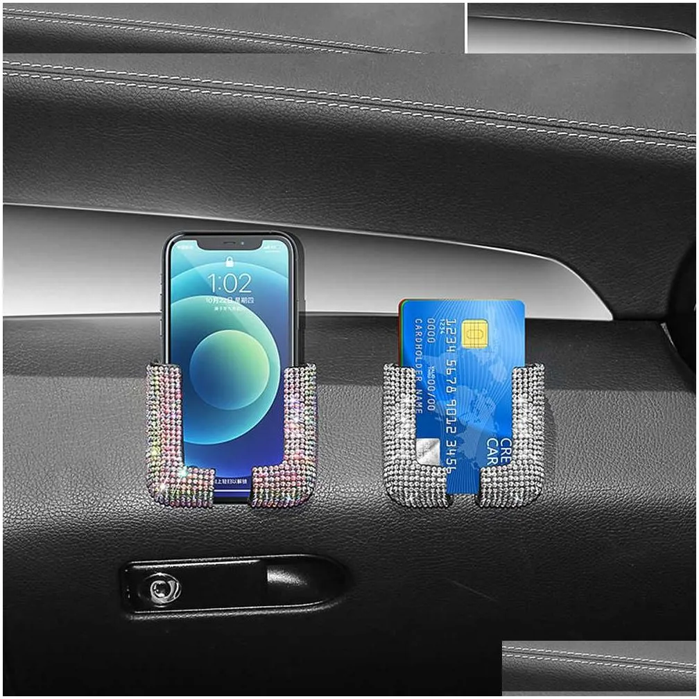 Interior Decorations New 2Pcs Crystal Car Phone Holder Fixed Rack Paste Stand For Mobile Key Card Bling Interior Accessories Drop Deli Dhgux