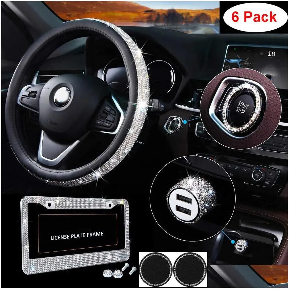 Other Interior Accessories New 6 Pack Bling Car Accessories Set Diamond Steering Wheel Er License Plate Frame Usb  Crystal Cup Dhipa