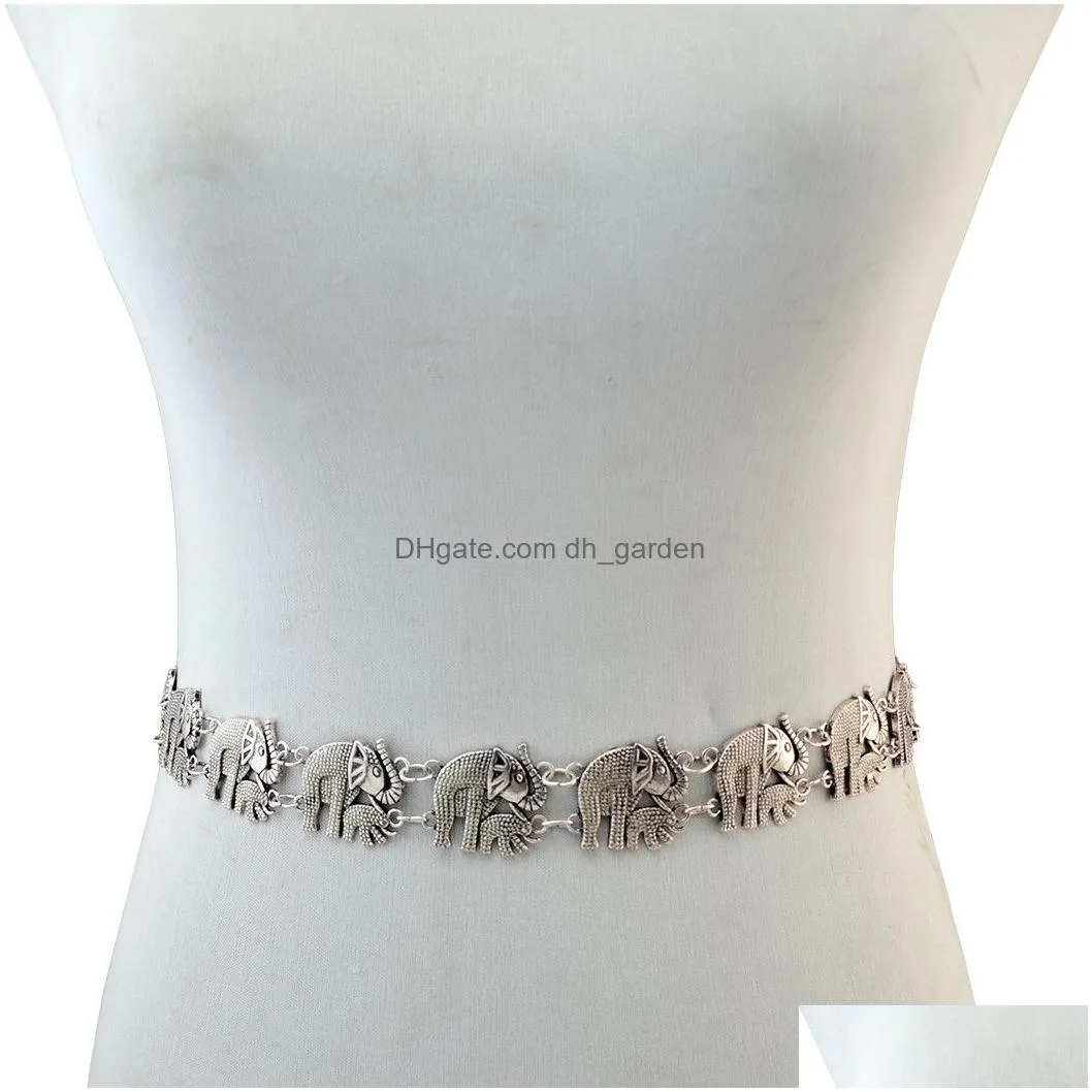 Bohemian Silver Alloy Fashion Elephant Body Chain Bells Tassel Carved Hollow Out Flower Waist Belly Chain