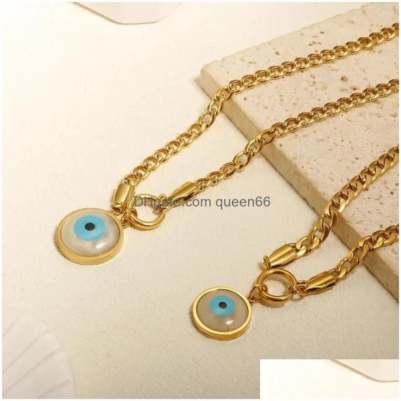 Earrings & Necklace Necklace Earrings Set Stainless Steel Turkish Lucky Eye Blue Pendant Cuban Chain Bracelet For Women Girl Trendy W Dhfol