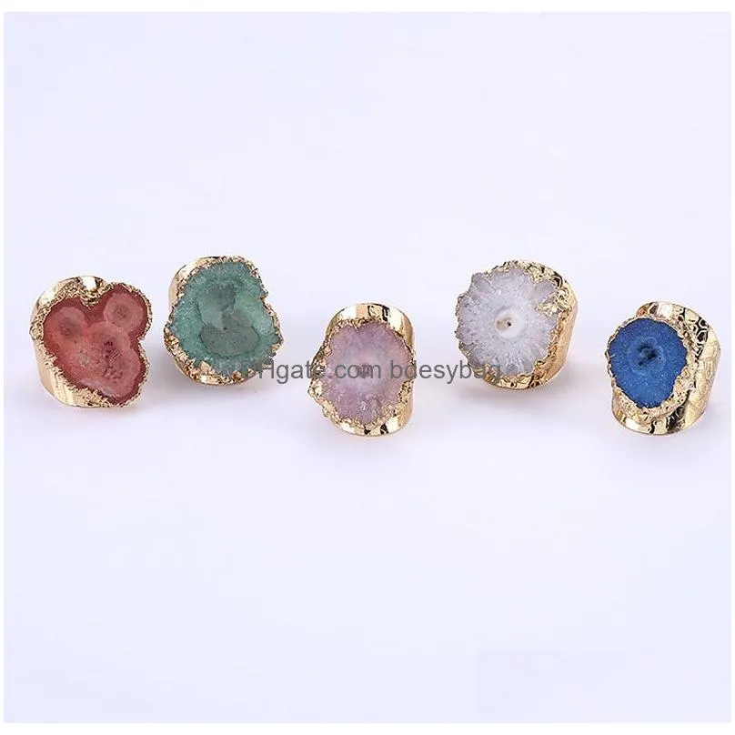 Natural Crystal Stone Adjustable Flower Print Rings For Women Men Party Club Decor Gold Plated Fashion Jewelry