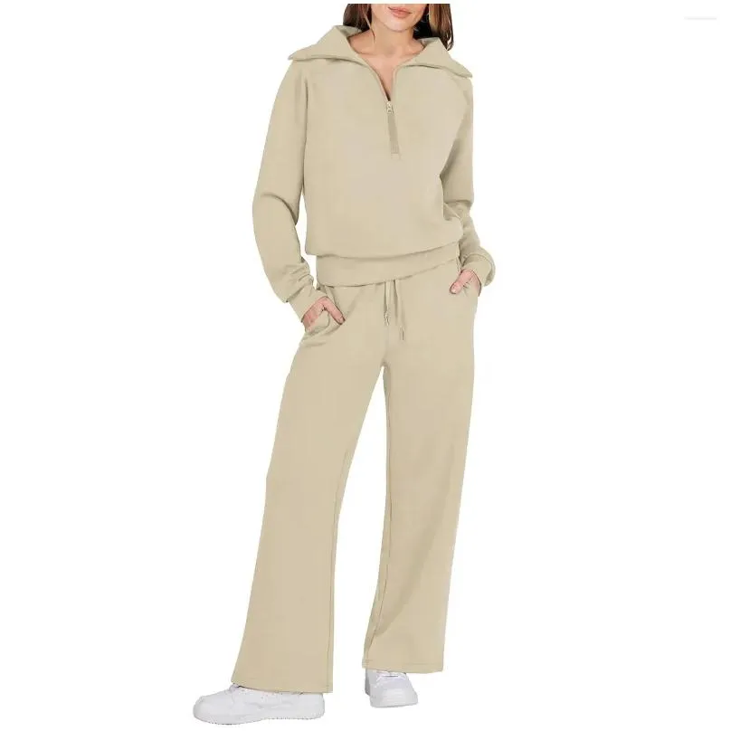 Women`S Two Piece Pants Womens Two Piece Pants Outfits Sweatsuit Set Quarter Zip Sweatshirt Wide Leg Sweatpant Women Petite Drop Deli Dhfzm