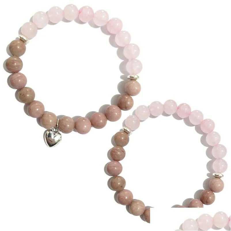 8mm Natural Crystal Stone Strands Beaded Heart Shape Charm Bracelets For Women Girl Handmade Yoga Energy Jewelry