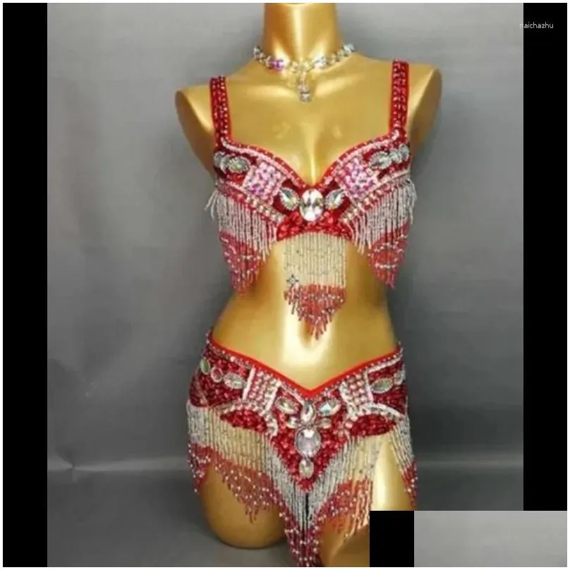 stage wear high quality women`s beaded crystal belly dance costume bar belt set sexy female bellydancing costumes 1618
