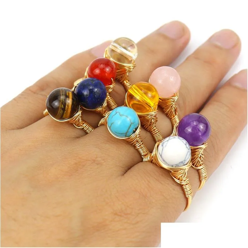 10mm Natural Stone Beads Gold Silver Plated Band Rings For Women Girl Fashion Party Club Handmade Decor Jewelry