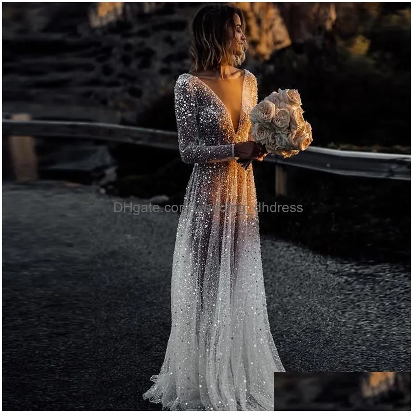 sexy illusion boho wedding dress a-line v-neck sleeves wedding dresses backless beach bridal gowns sequined beading beach 2021233r