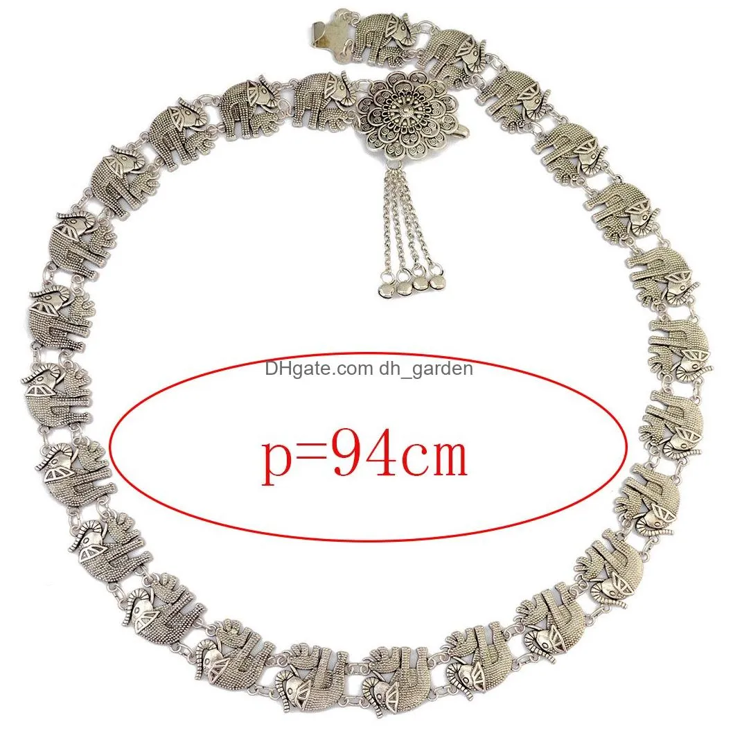 Bohemian Silver Alloy Fashion Elephant Body Chain Bells Tassel Carved Hollow Out Flower Waist Belly Chain