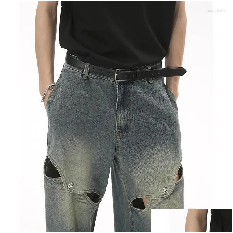 Men`S Jeans Mens Jeans Spring And Autumn Metal Button Splicing Heavy Design Hollow Sense Of Wide-Leg For Men Drop Delivery Apparel Me Dhpiz