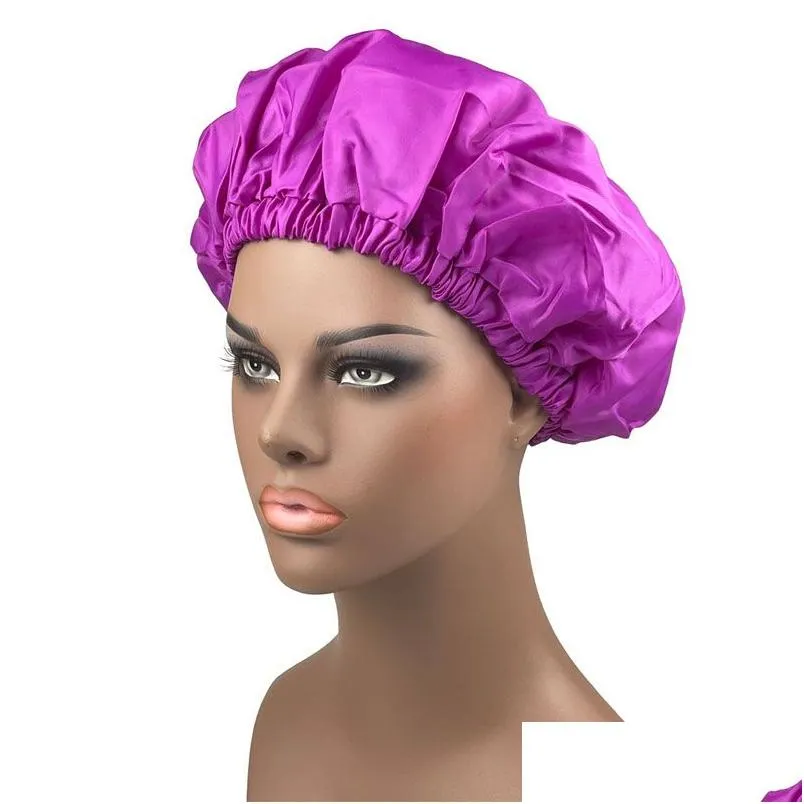 Solid Color Satin Large Waterproof Hat For Women Lady Elastic Bath Caps Bonnet Hair Care Home Fashion Accessories