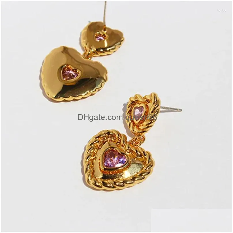 Stud Earrings Brass Twisted Pink Zircon Double Heart Shape Dangle For Drop Delivery Dhtlr
