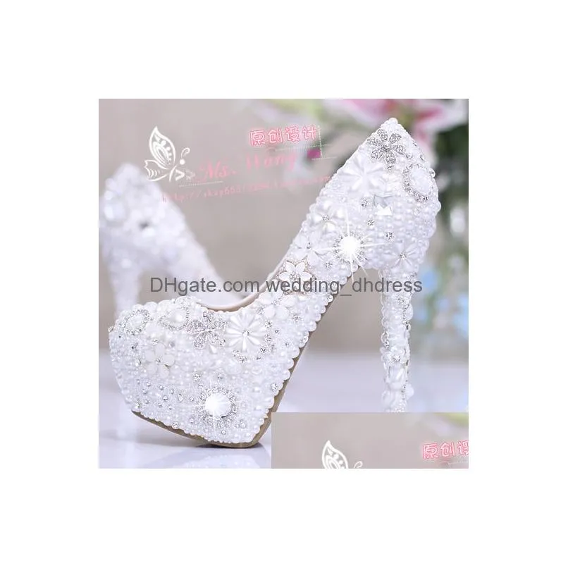 fashion luxurious pearls crystals white wedding shoes size high heels bridal shoes party prom women shoes 292n