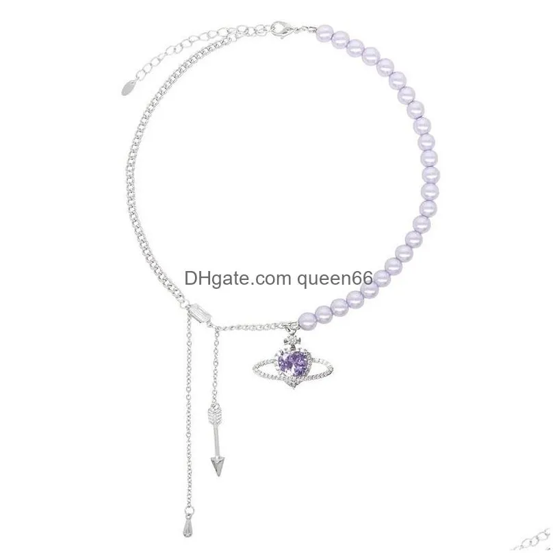 Pendant Necklaces Purple Crystal Heart Shape Universe Necklace For Women Exquisite Pearl String Beads Chain Choker Drop Delivery Dhjlb