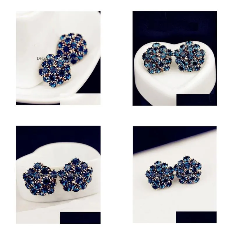 Korea Style Gold Plated Alloy Royalblue Rhinestone Flower Studs Earrings