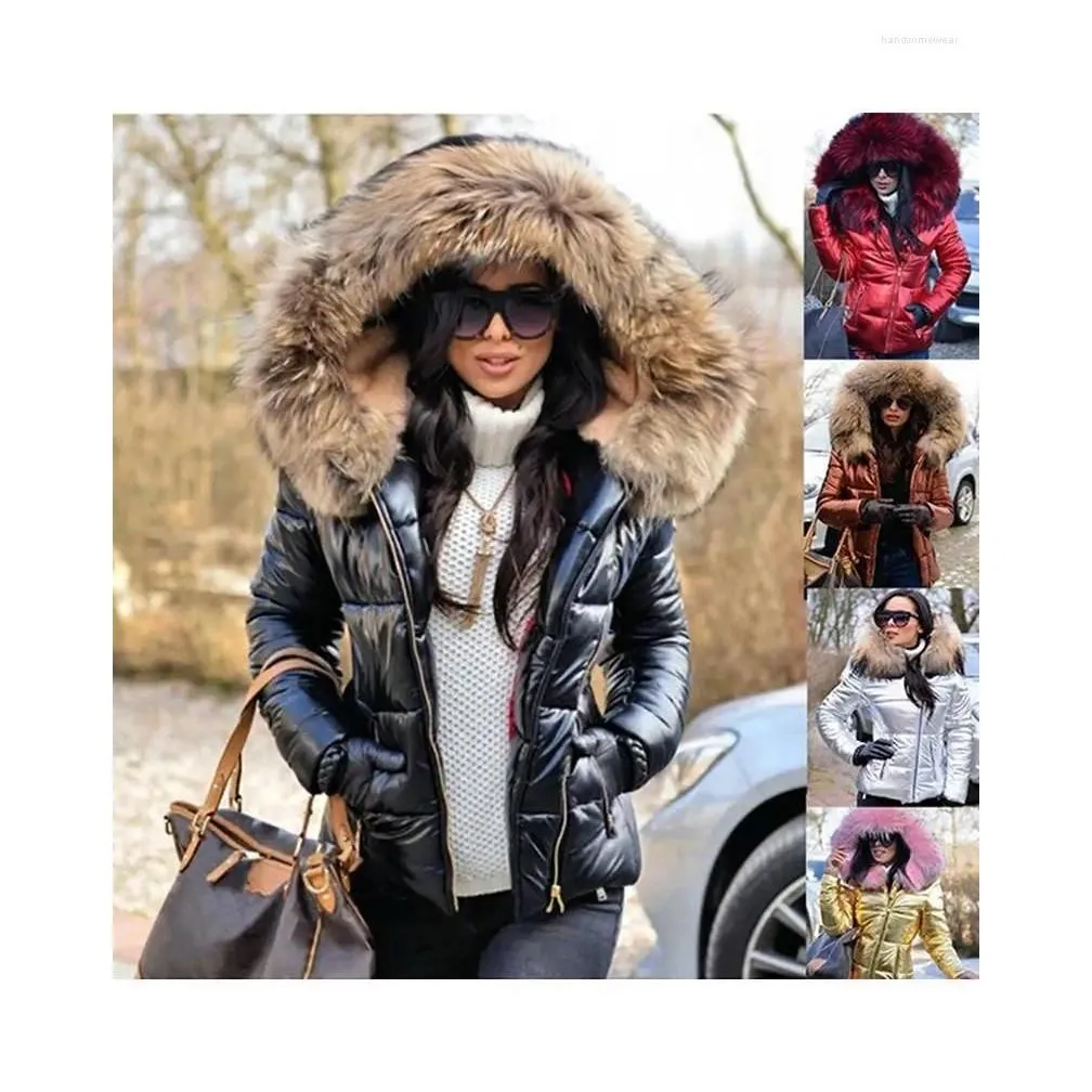 Women`S Down & Parkas Womens Down Hood Solid Color Fur Hooded Jacket Autumn Winter Cotton-Padded Short Parka Coat Fashion Casual Drop Dhd5Z