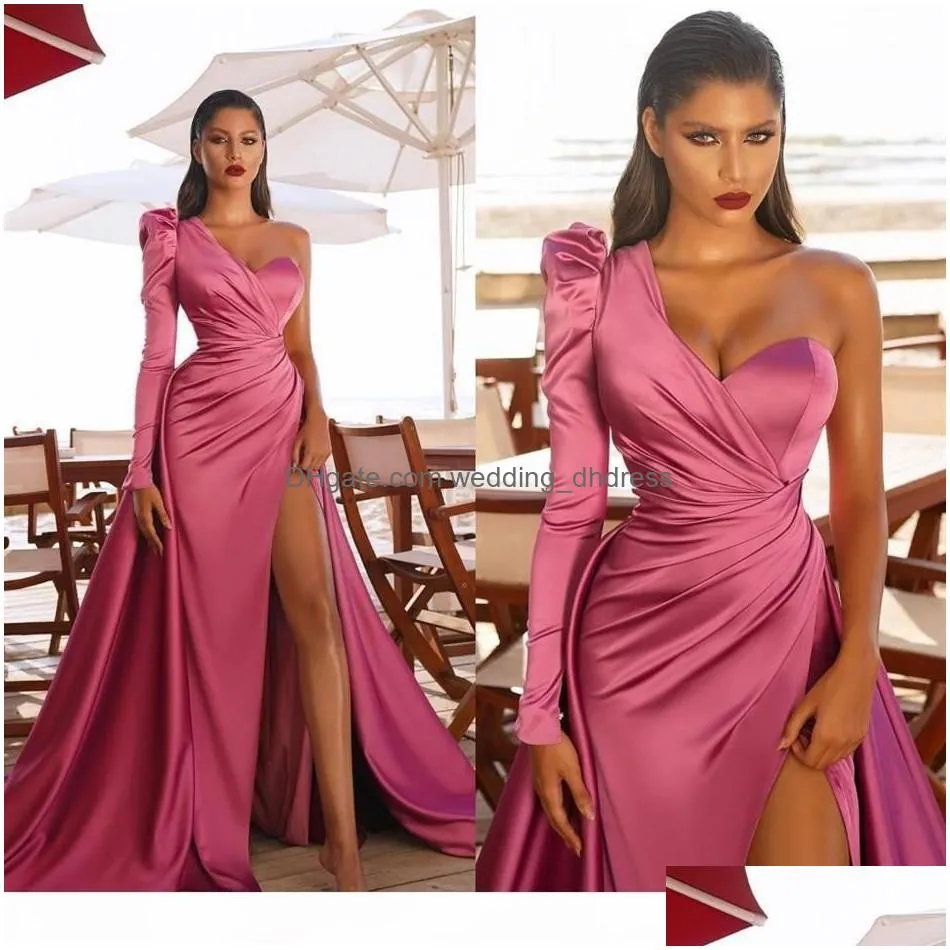 2021 pink prom dresses mermaid side split formal long evening gowns one shoulder long sleeves satin pleated designer formal la244p